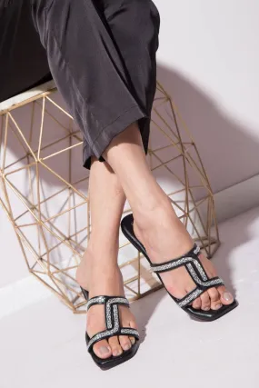 2 String Interlocked Embellished Flats - Black