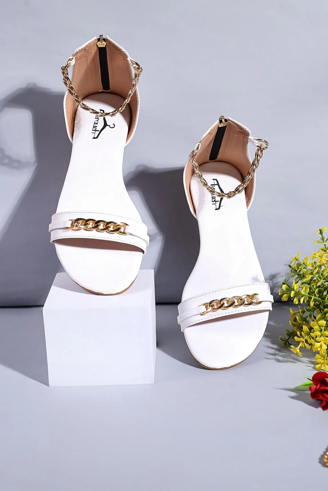 Brauch Women White High Strap Embellished Buckle Flats