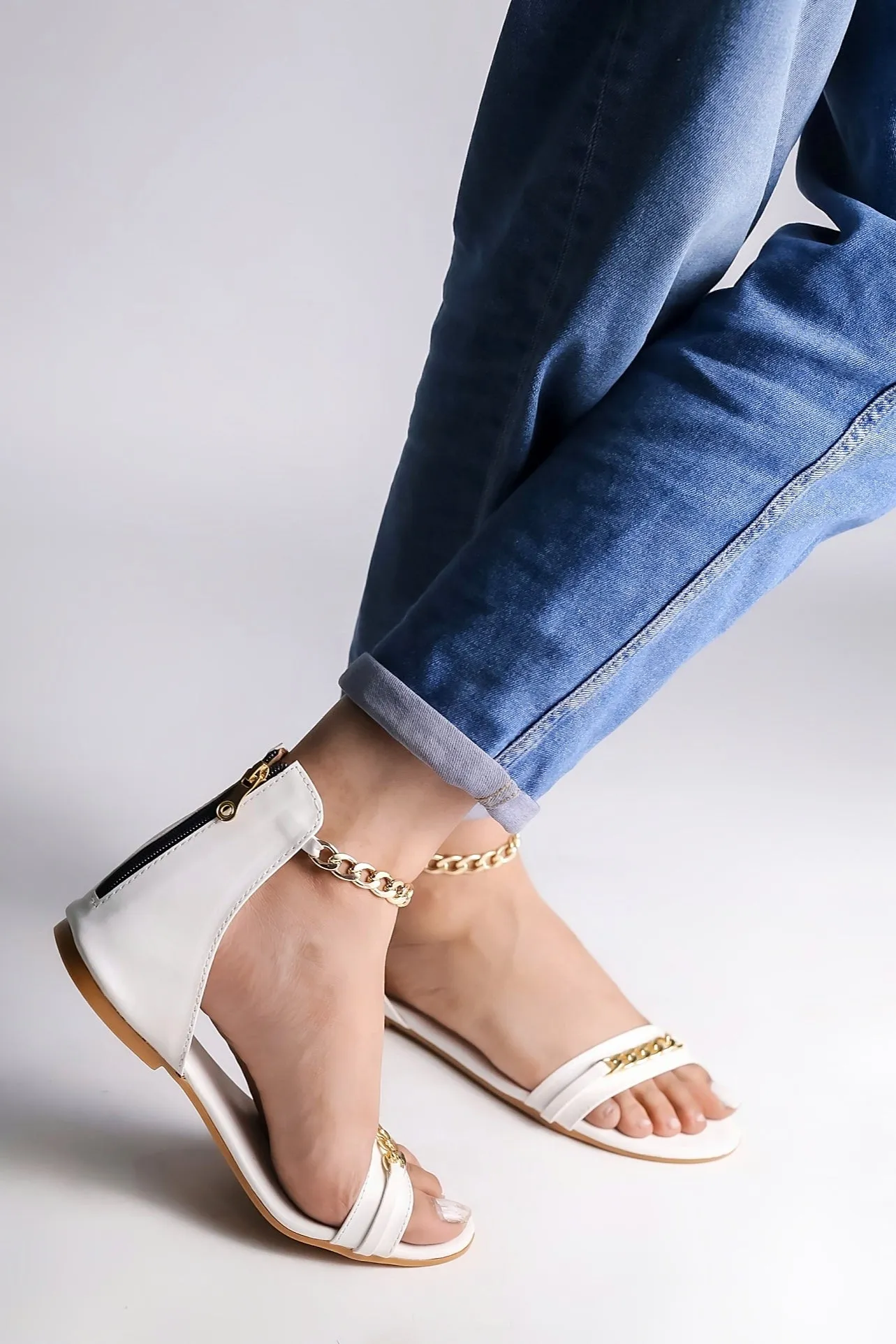Brauch Women White High Strap Embellished Buckle Flats