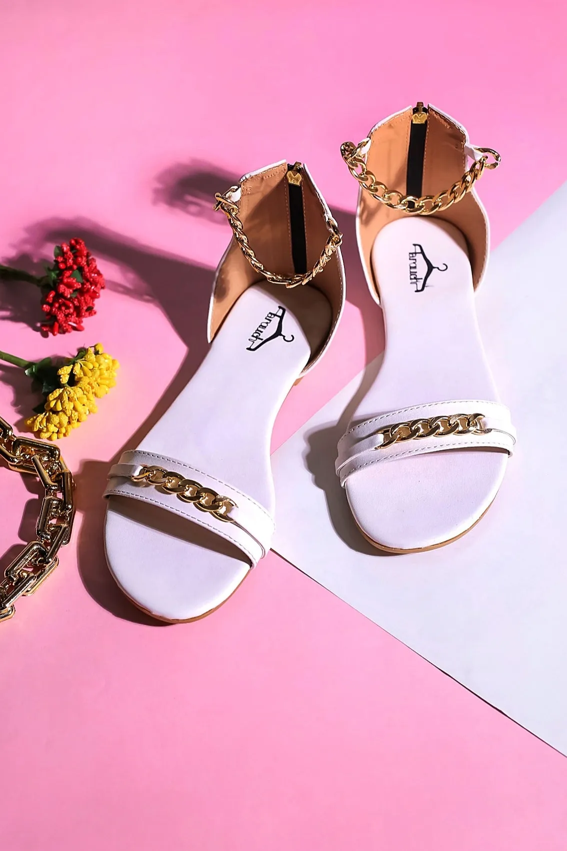 Brauch Women White High Strap Embellished Buckle Flats