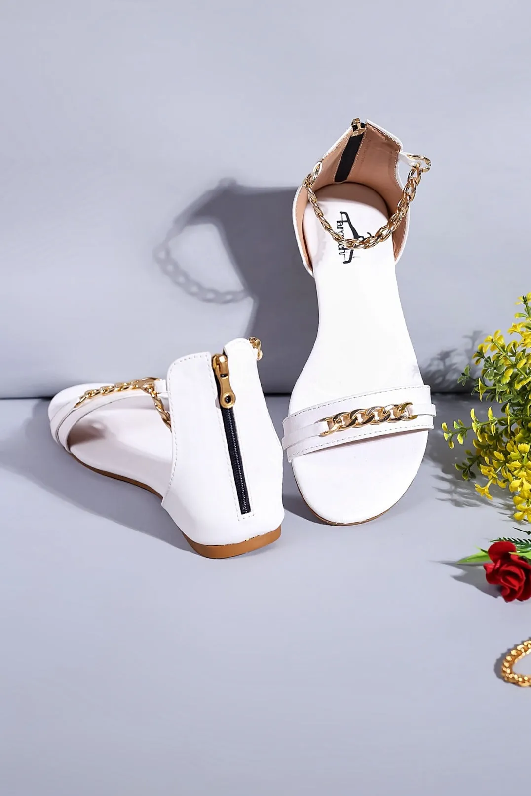 Brauch Women White High Strap Embellished Buckle Flats