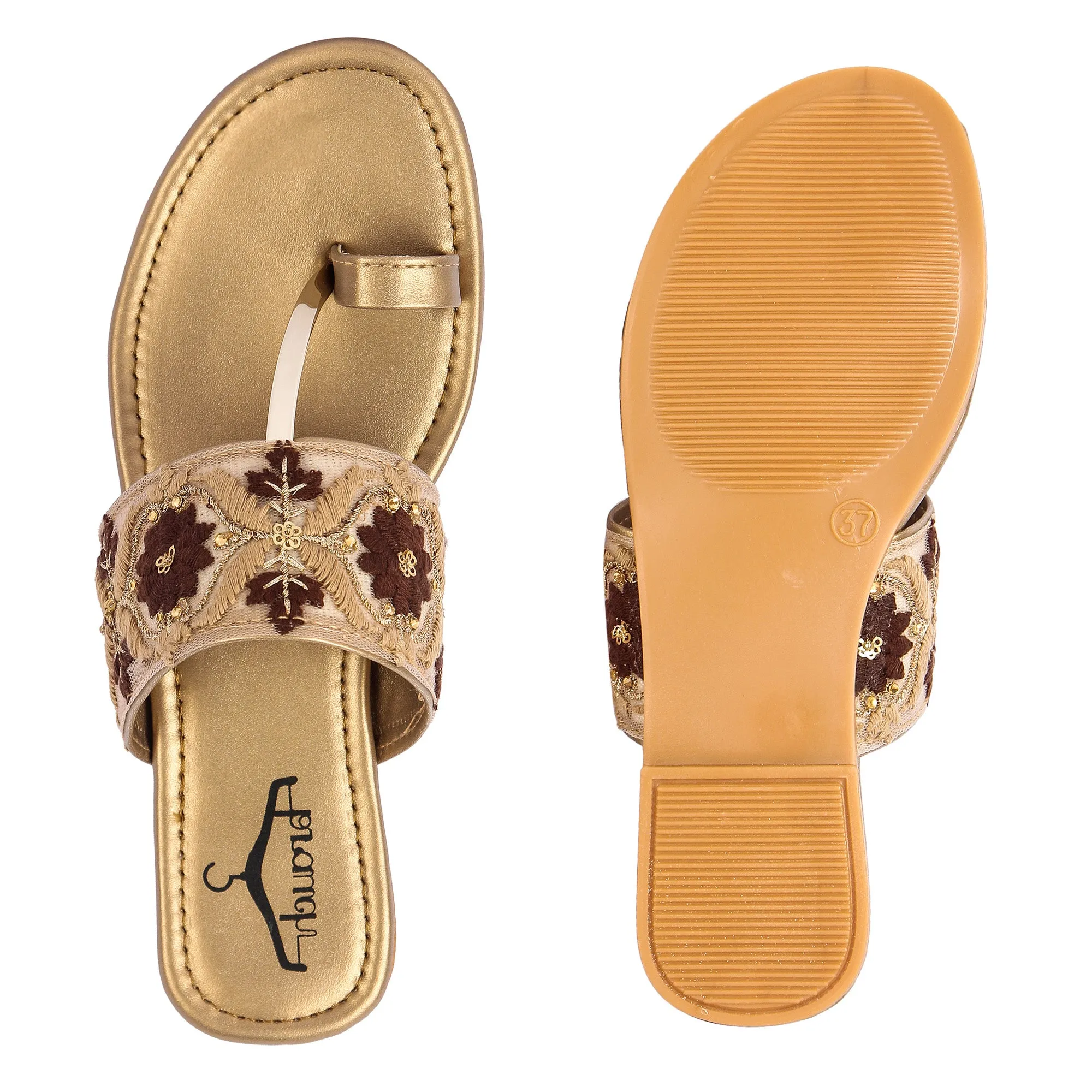 Brauch Women's Brown Embroidered Floral Flats