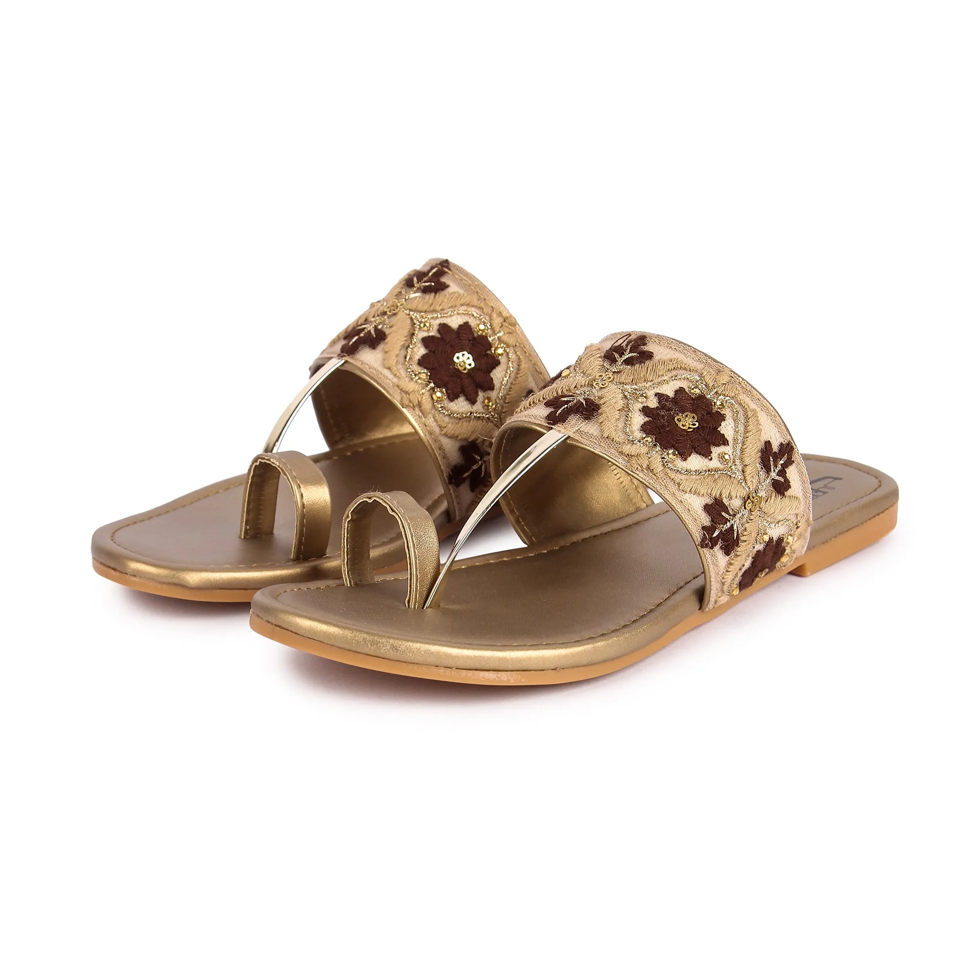 Brauch Women's Brown Embroidered Floral Flats