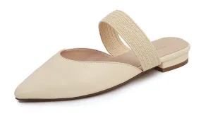 Feversole Women's Pointed Toe Fashion Mules Low Heel Flats Casual Summer Slide Vegan Leather Raffia Strap