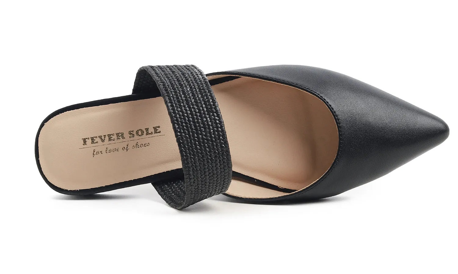 Feversole Women's Pointed Toe Fashion Mules Low Heel Flats Casual Summer Slide Vegan Leather Raffia Strap