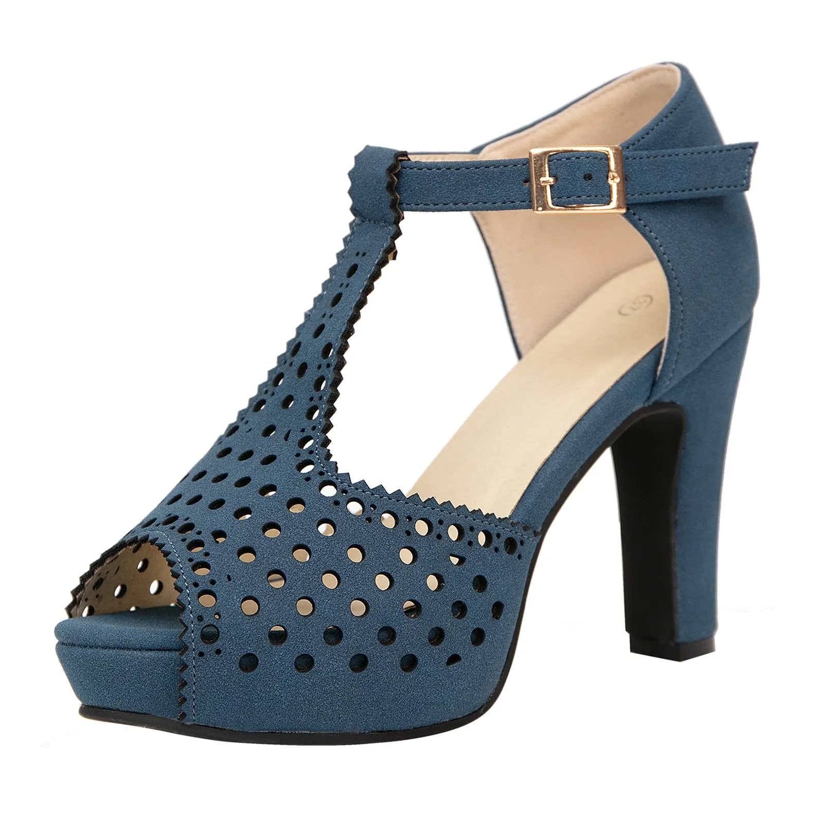 getmorebeauty Women's Vintage Heeled Sandals Suede Ankle T Straps Dress Block High Heel Sandals Women Shoes