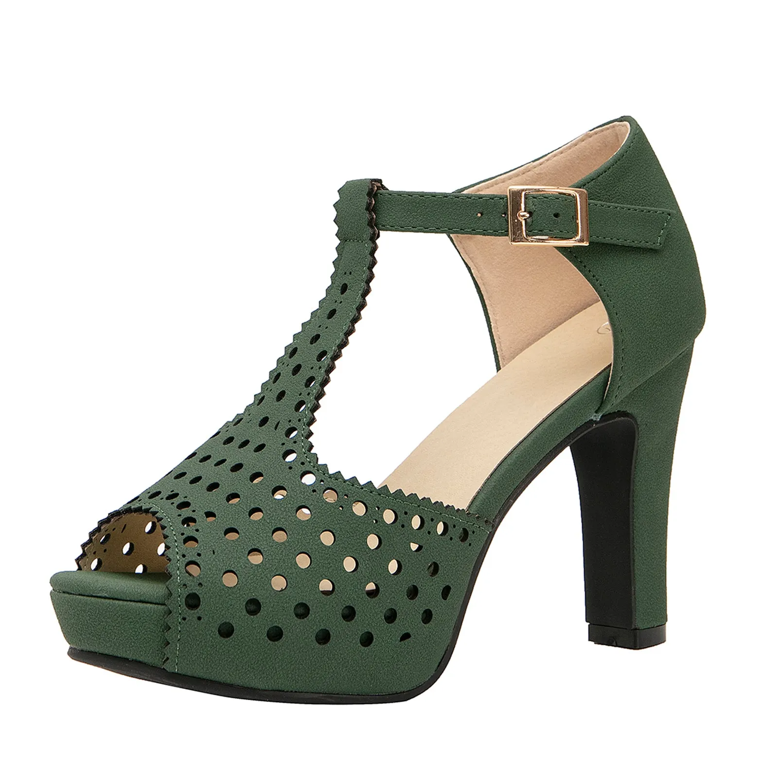 getmorebeauty Women's Vintage Heeled Sandals Suede Ankle T Straps Dress Block High Heel Sandals Women Shoes