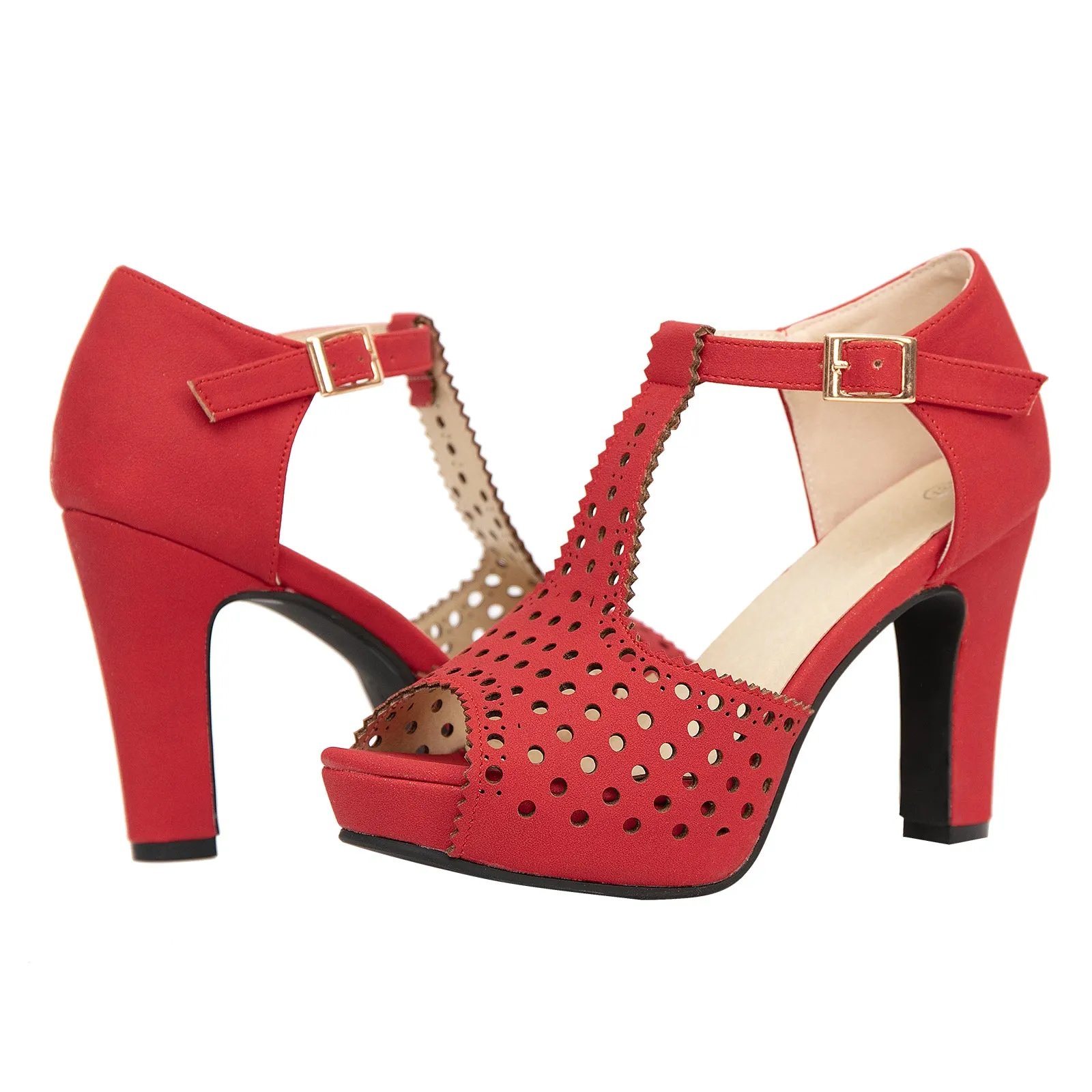 getmorebeauty Women's Vintage Heeled Sandals Suede Ankle T Straps Dress Block High Heel Sandals Women Shoes