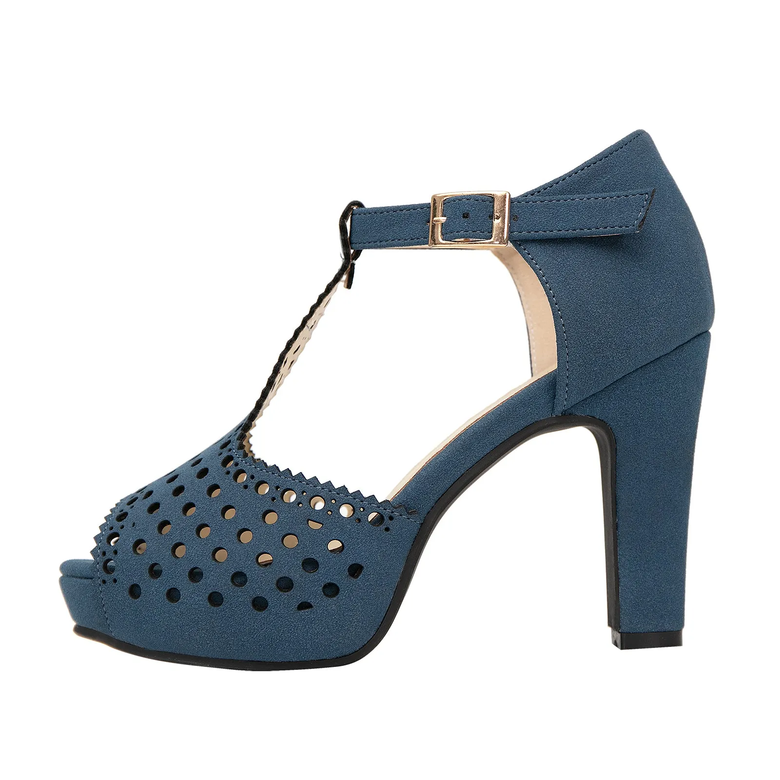 getmorebeauty Women's Vintage Heeled Sandals Suede Ankle T Straps Dress Block High Heel Sandals Women Shoes