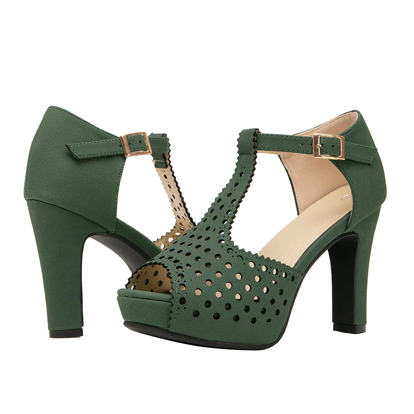getmorebeauty Women's Vintage Heeled Sandals Suede Ankle T Straps Dress Block High Heel Sandals Women Shoes