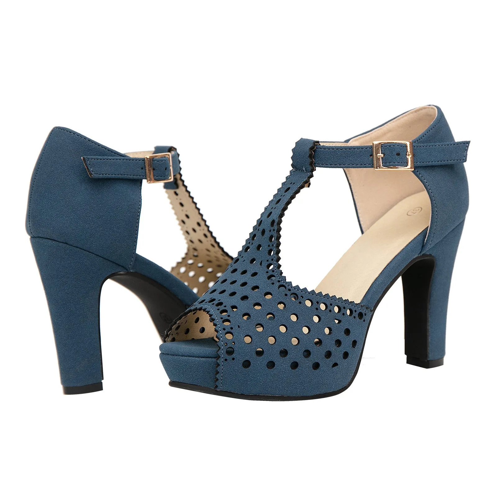 getmorebeauty Women's Vintage Heeled Sandals Suede Ankle T Straps Dress Block High Heel Sandals Women Shoes