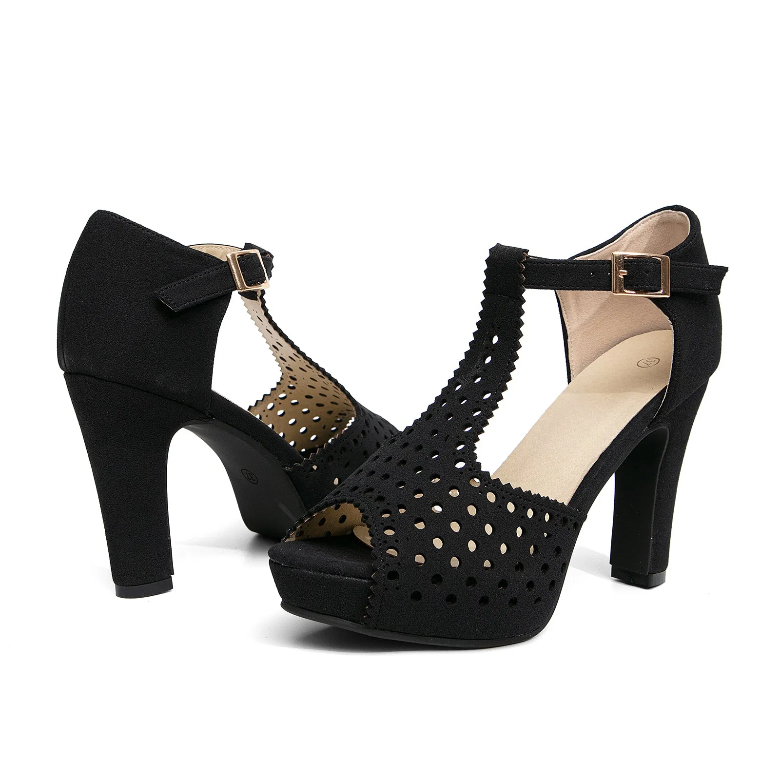 getmorebeauty Women's Vintage Heeled Sandals Suede Ankle T Straps Dress Block High Heel Sandals Women Shoes