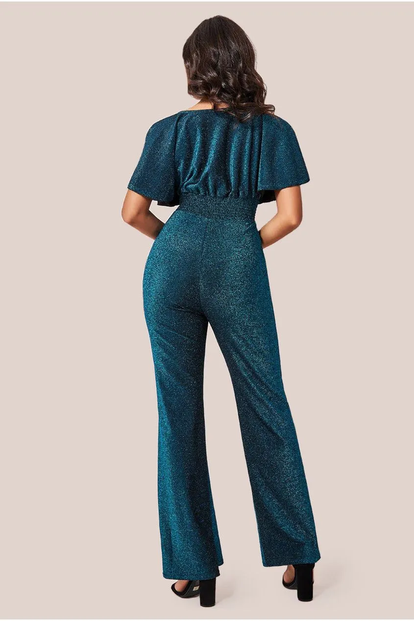 Goddiva Lurex Wrap Style Jumpsuit - Blue