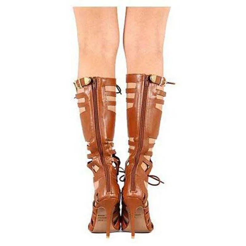 Leather Cutout Strap Cutout High Heel Knee High Sandals