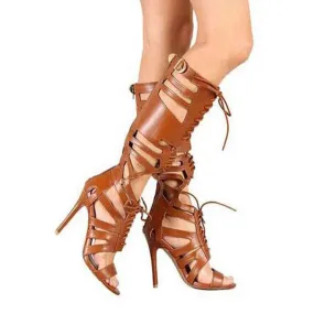 Leather Cutout Strap Cutout High Heel Knee High Sandals