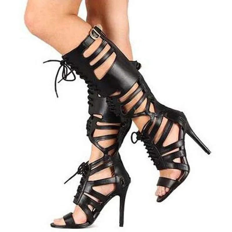 Leather Cutout Strap Cutout High Heel Knee High Sandals