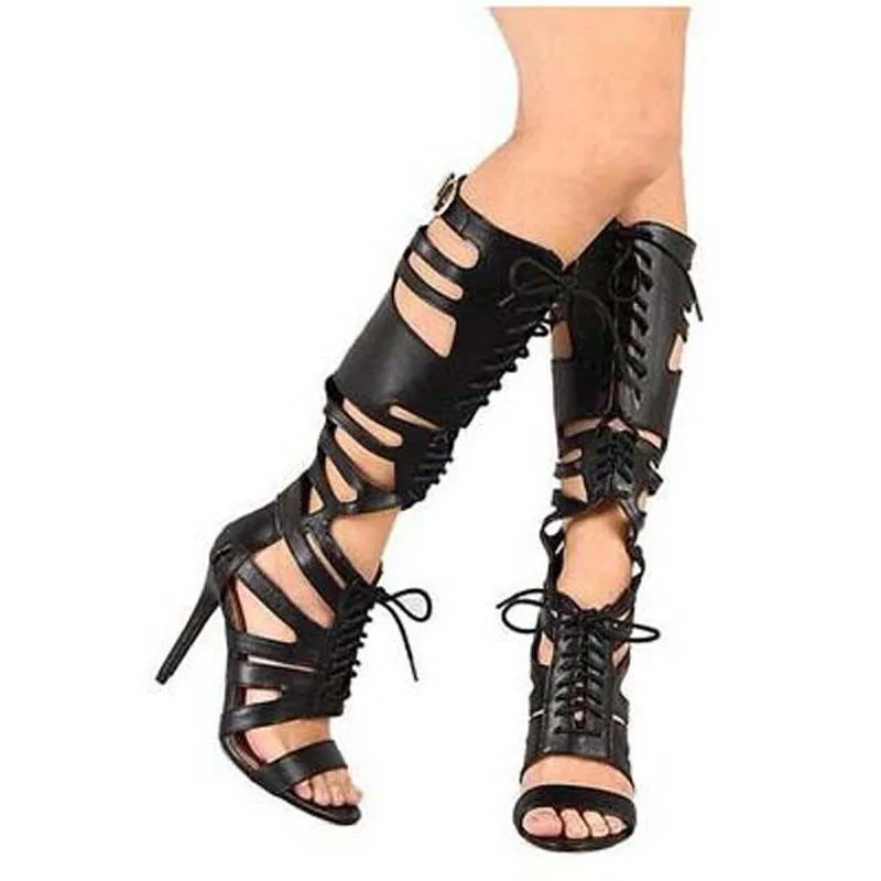 Leather Cutout Strap Cutout High Heel Knee High Sandals