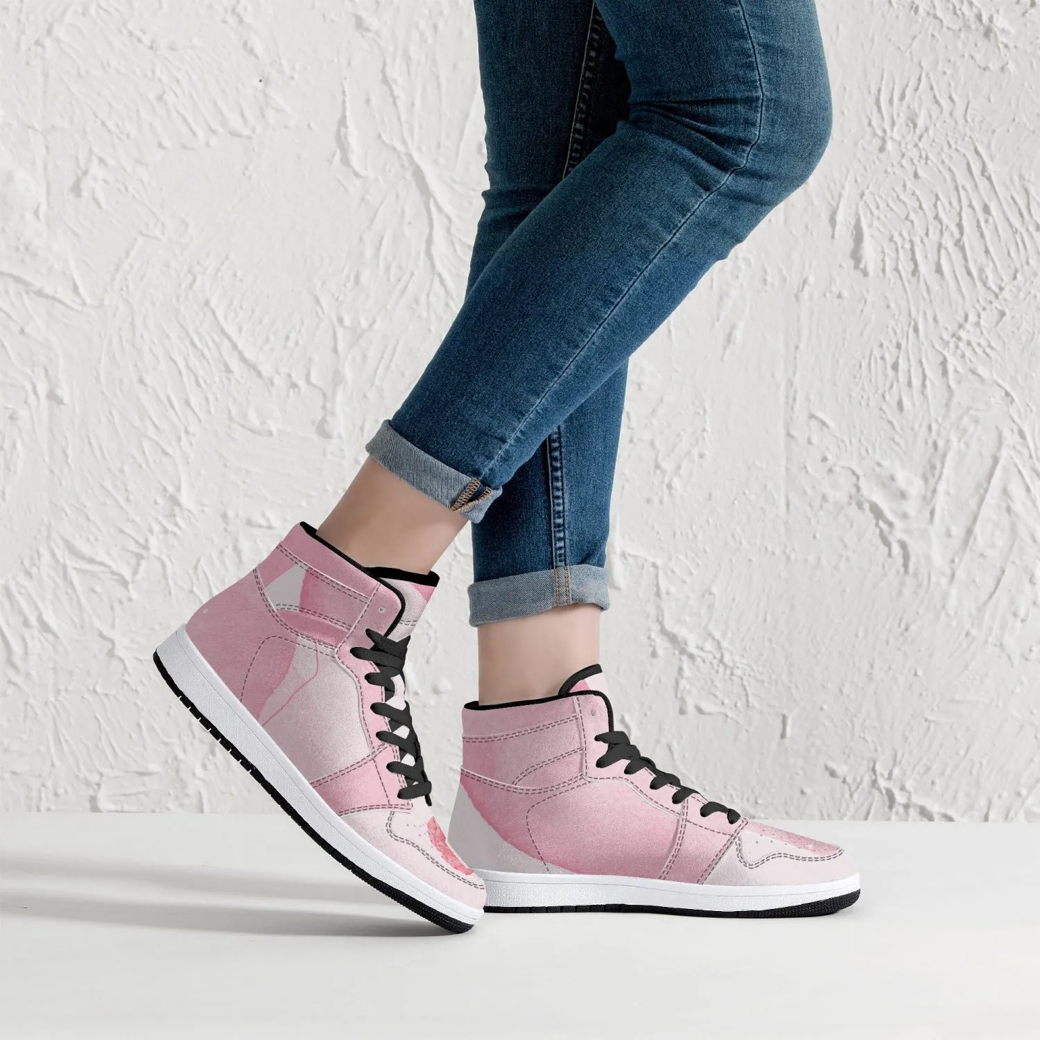 Pink River Flow with one Red Rose Flower High-Top Leather Sneakers