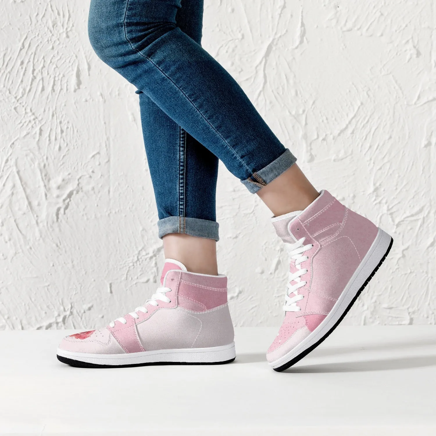 Pink River Flow with one Red Rose Flower High-Top Leather Sneakers