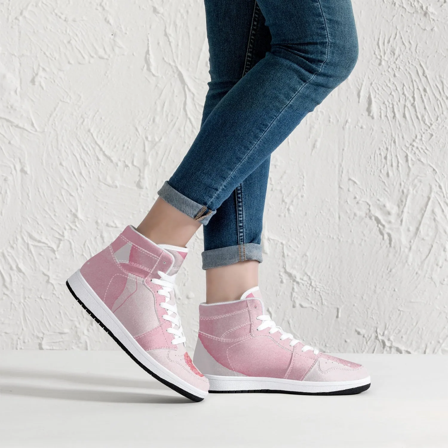 Pink River Flow with one Red Rose Flower High-Top Leather Sneakers