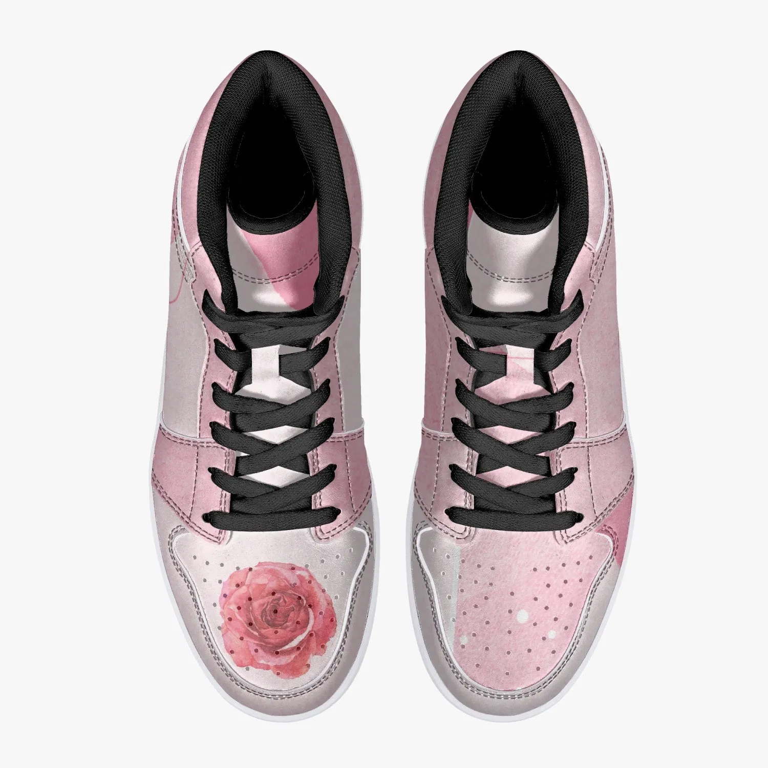 Pink River Flow with one Red Rose Flower High-Top Leather Sneakers