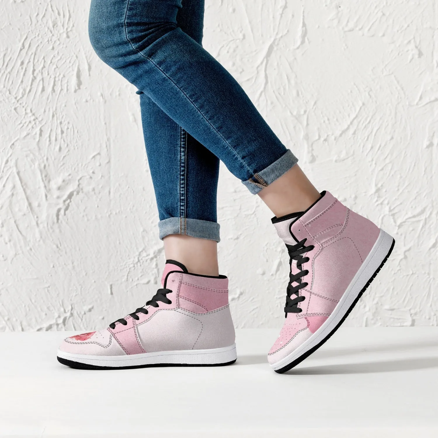 Pink River Flow with one Red Rose Flower High-Top Leather Sneakers