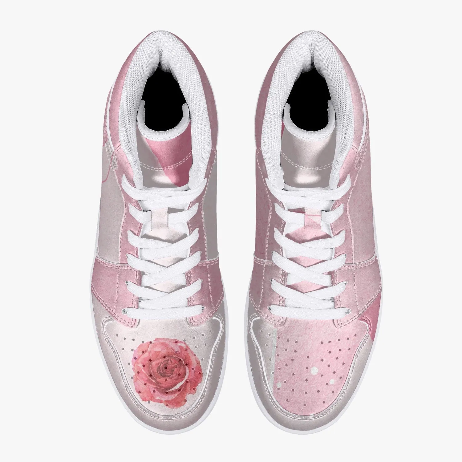 Pink River Flow with one Red Rose Flower High-Top Leather Sneakers