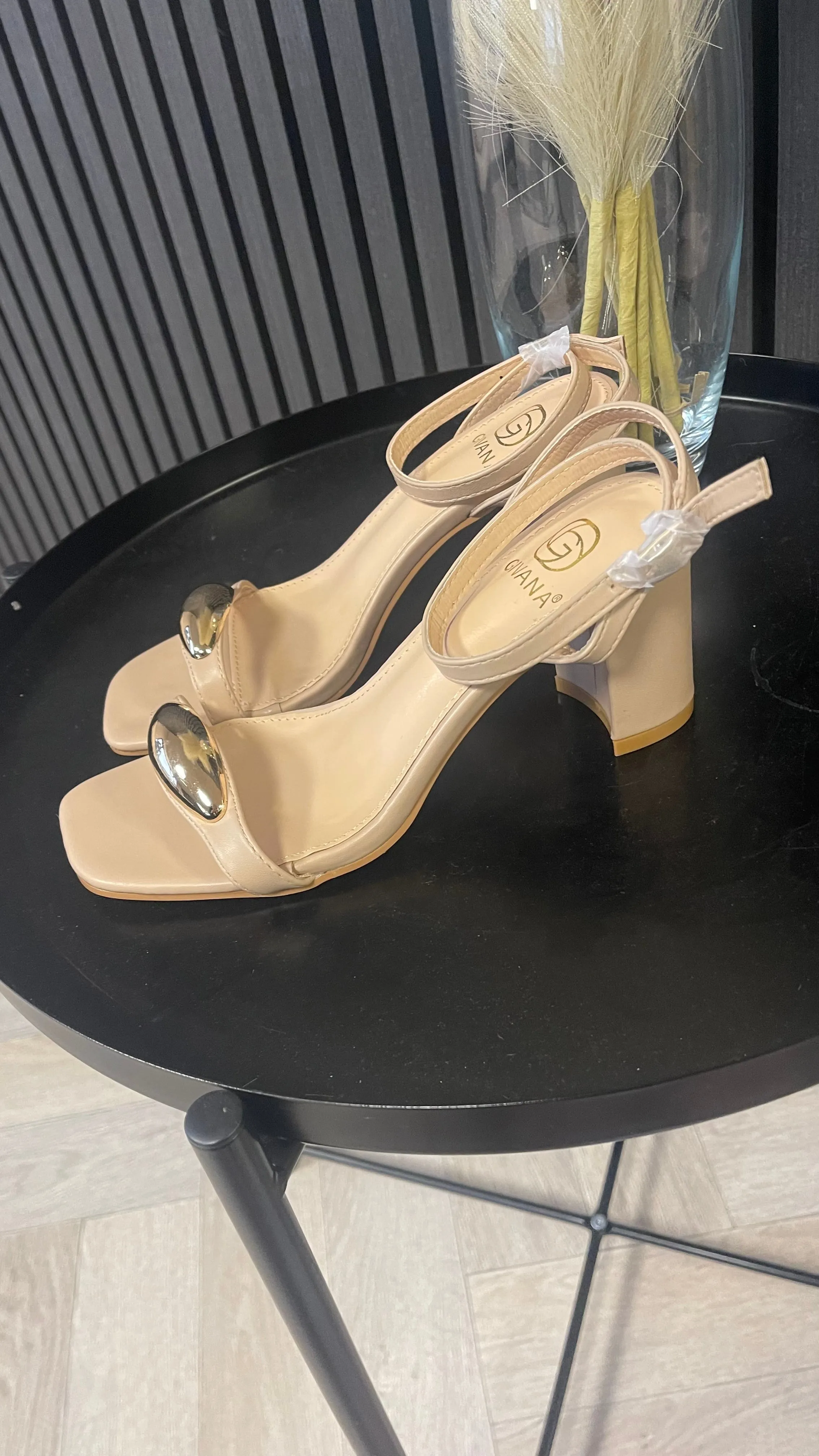 Sahara Beige Gold Detail Block Heeled Sandals