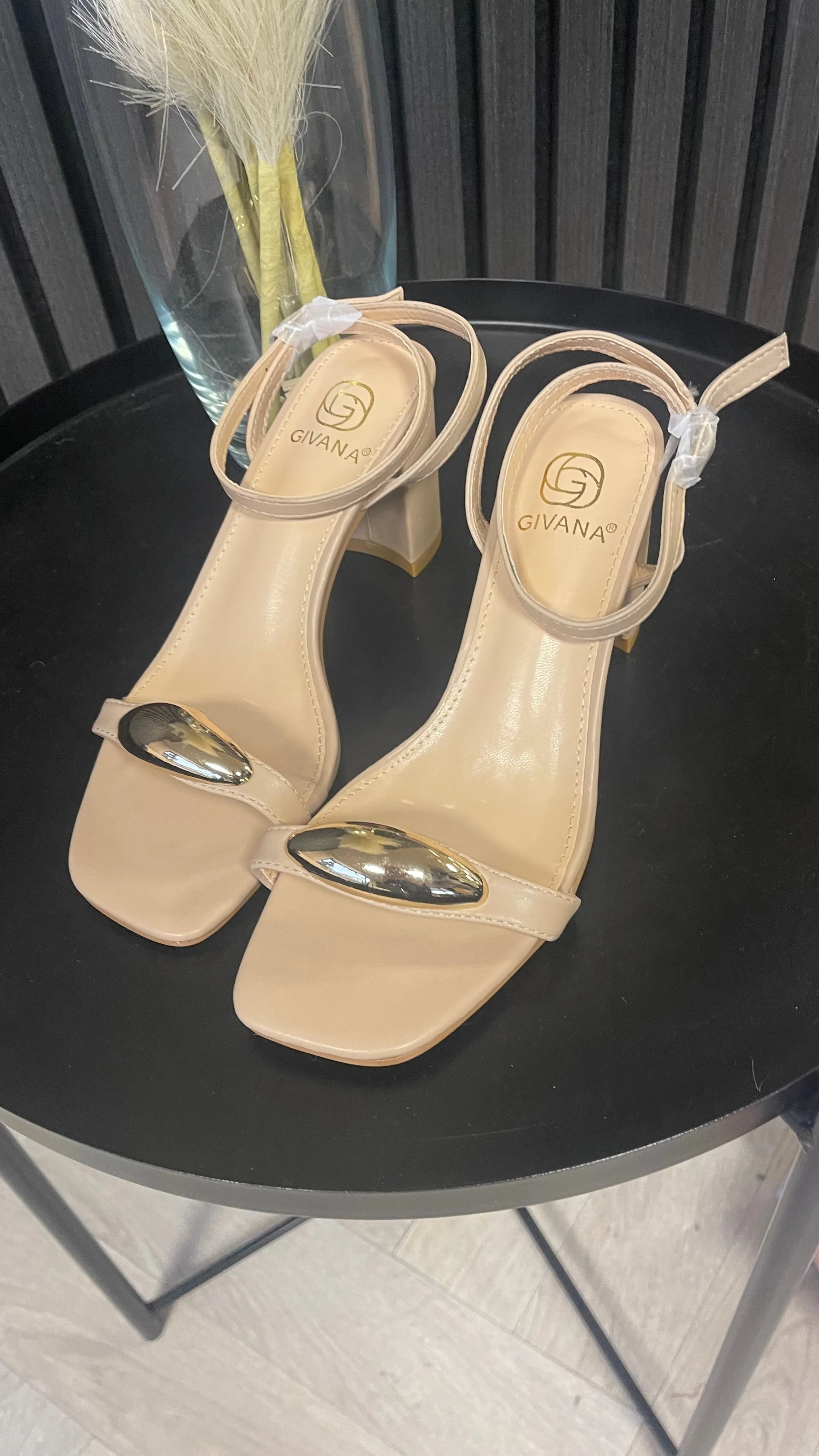 Sahara Beige Gold Detail Block Heeled Sandals
