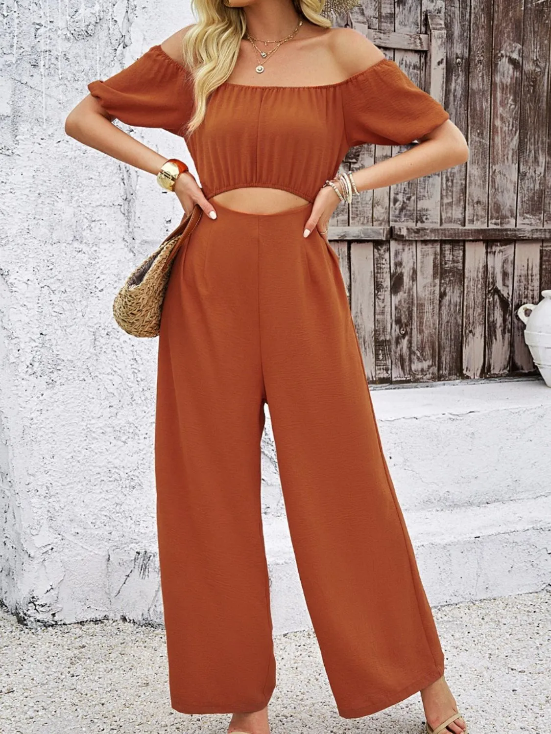Women's Cutout Jumpsuit - Off Shoulder, Wide Leg, Fashionable Formal Wear